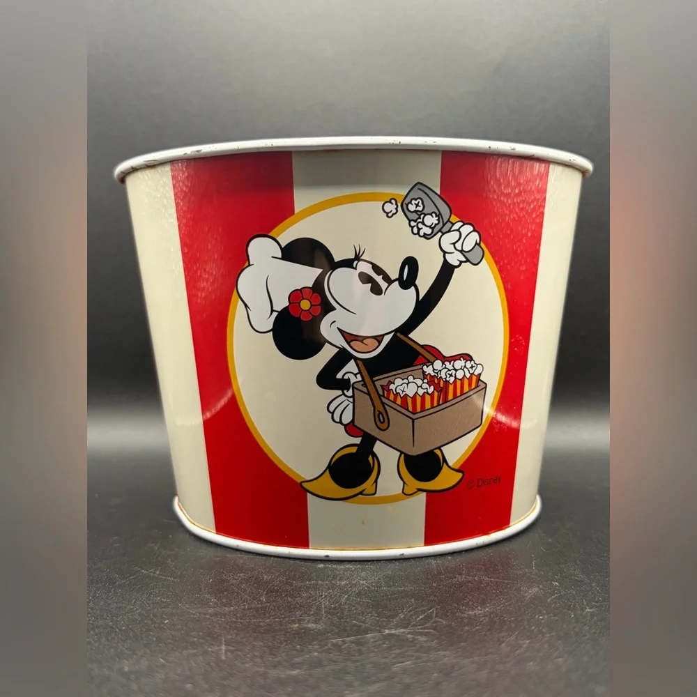 Vintage Disney Minnie Mouse Striped Metal Popcorn Bucket, Disney Collectibles